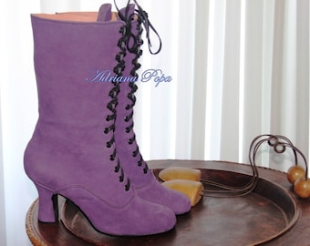 Purple Leather Boots Victorian Boots Mauve leather Boots Retro Boots Custom made Boots 1900 style Boots Cosplay Boots Bohemian Boots