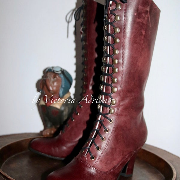 Burgundy worn Leather Boots Victorian Boots Knee High Boots Regency Boots 1900 style Boots Cosplay Boots Boho Boots Burning man boots