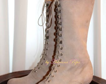 Victorian Boots ,  Edwardian boots ,  Granny Boots , Mushroom Row suede leather Bots ,  Lace up Boots , Ankle Boots , Theater boots