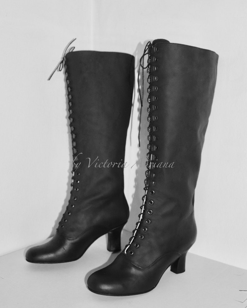 Knee High Boots Black Leather Boots Black Victorian Style Etsy
