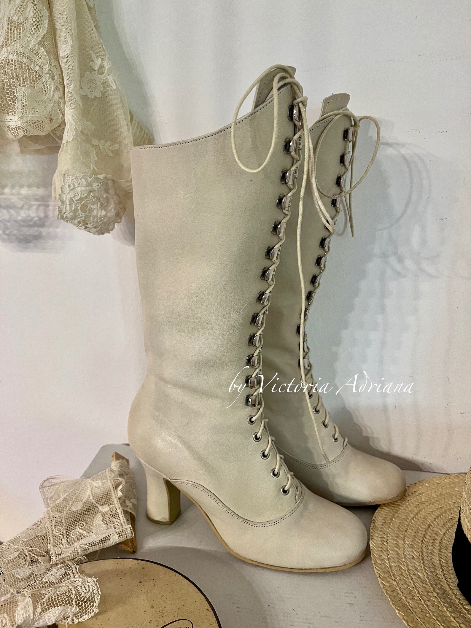 Off White Boots Knee High Boots White Leather Boots Victorian Etsy