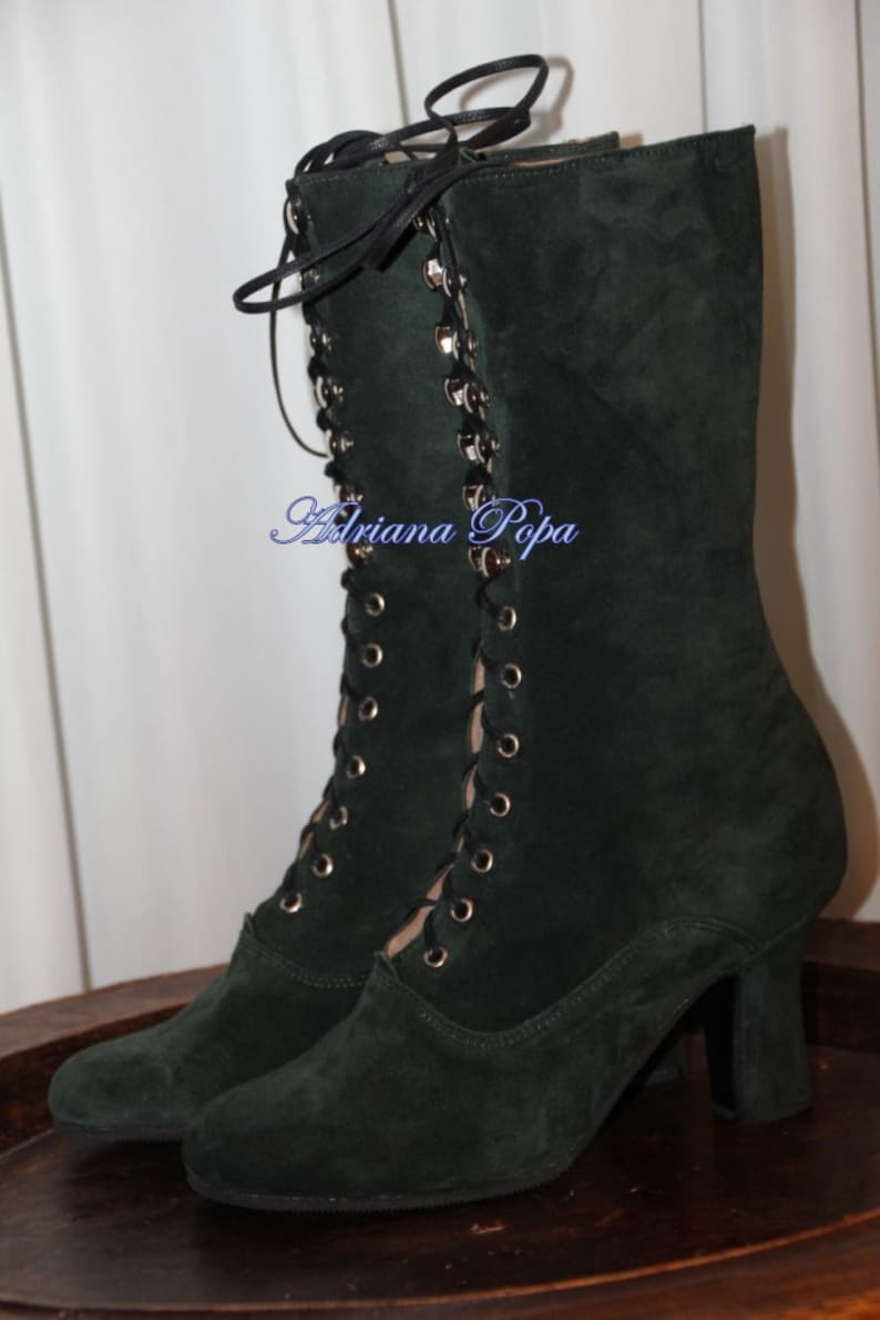 Dark Green Boots , suede Leather Boots , Victorian Boots , Dark Green Lace up Boots , Granny style Boots , Festival Boots , Edwardian Boots image 2