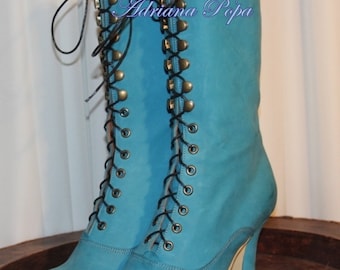 Bottes turquoises Bottes en cuir turquoise Bottes victoriennes Bottes rétro Bottes Régence Bottes Peaky Blinders Chaussures 1900 Chaussures sur mesure Grand-mère