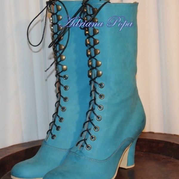 Turquoise Boots Turquoise leather Boots Victorian Boots Retro Boots Regency boots Peaky Blinders boots 1900 shoes Custom made shoes Granny