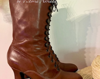 Brownish Boots , Leather Boots , Victorian Boots , Granny style Boots , Victorian Weeding shoes , Retro Boots 1900's style shoes kitten heel