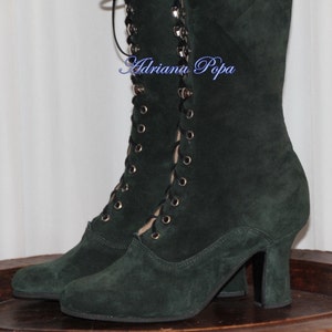 Dark Green Boots , suede Leather Boots , Victorian Boots , Dark Green Lace up Boots , Granny style Boots , Festival Boots , Edwardian Boots image 3