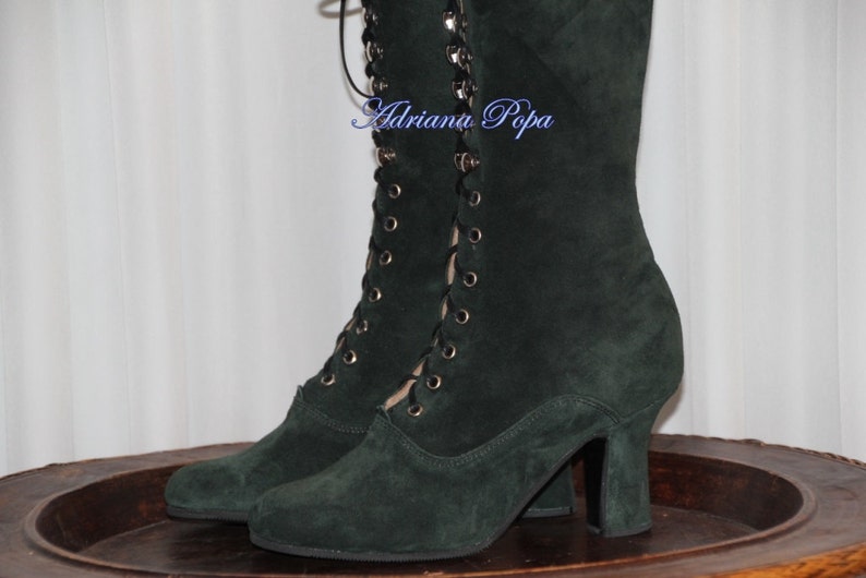 Dark Green Boots , suede Leather Boots , Victorian Boots , Dark Green Lace up Boots , Granny style Boots , Festival Boots , Edwardian Boots image 3