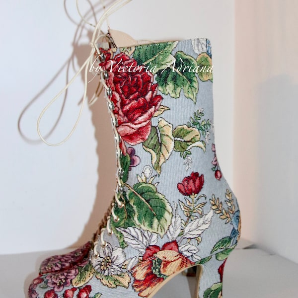 Brocade Boots , Baroque fabric Boots , Rococo fabric Boots , Ankle Lace up Boots , Victorian style Boots , Festival Boots , Bridal Boots