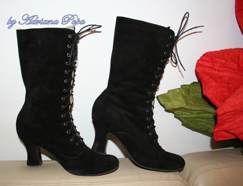 Granny boots Custom made boots Historical boots black suede leather Booties Edwardian boots Victorian Boots