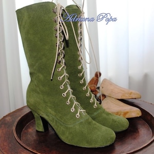 Khaki Stiefel Khaki Wildleder Stiefel Viktorianische Stiefel Edwardian Stiefel Steampunk Stiefel Coole Stiefel Alternative Mode Stiefel Brennender Mann Stiefel Bild 1