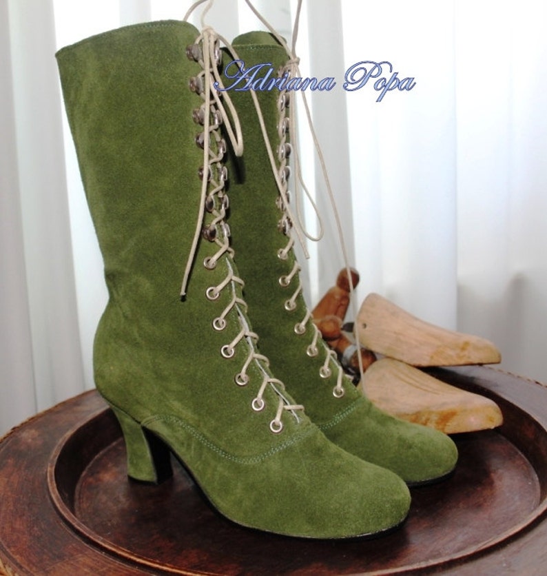 Buty khaki Buty ze skóry zamszowej khaki Buty wiktoriańskie Buty edwardiańskie Buty steampunkowe Fajne buty Alternatywne buty w modzie Buty Burning Man