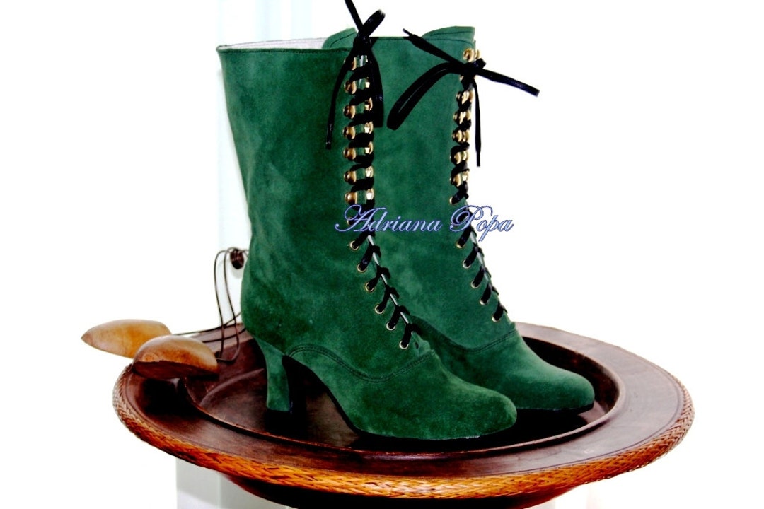 Emerald Green Boots , Victorian Boots , Emerald Green Suede Leather