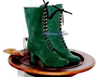 Emerald Green Boots , Victorian Boots , Emerald Green suede Leather Boots , Bridal boots , Edwardian Boots , 1900s style Boots Festival shoe