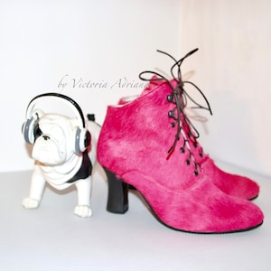 Ankle Fuchsia Cowhide Boots , Fuchsia Boots , Pink Boots , Pink shoes , Pink Retro Boots Victorian style pink fur boots Kinky Boots Cosplay