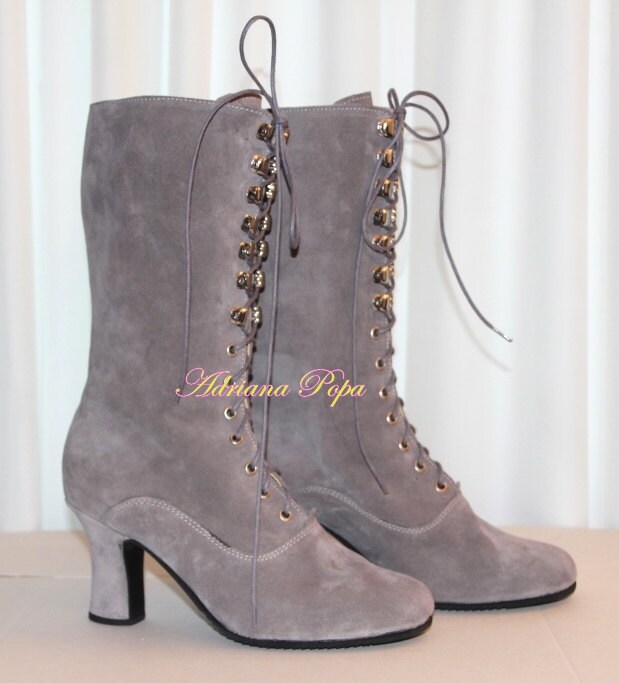 Grey suede Leather Boots Victorian Boots Stone colour Boots Granny Boots Pigeon grey leather Boots Edwardian boots Custom made Boots Retro