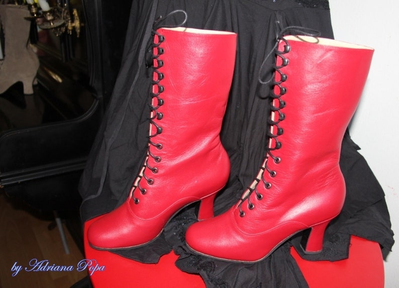 Red Victorian Boots Edwardian Boots Kinky Boots Regency Red shoes Red Ankle Boots Lace up boots Red Witch Boots Peaky Blinders boots 1900 image 3