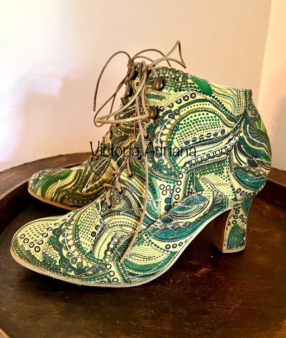 SALE Ankle Boots Sea Foam Print Leather Boots Victorian Boots - Main Image