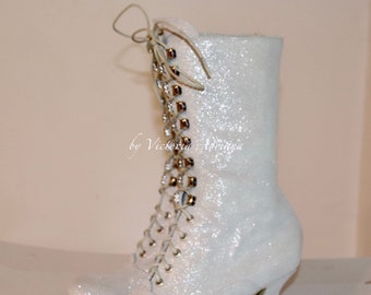 White Boots White Shimmer Boots Leather Boots Wedding Boots Bridal Boots Victorian weeding shoes Retro Boots Comfort boots 1900 style boots