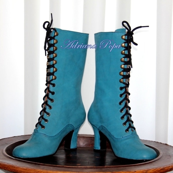 Turquoise Boots Leather Boots Victorian Boots Green Boots Edwardian Boots 1900 Boots Costume boots Comfort Boots Green boots Green shoes