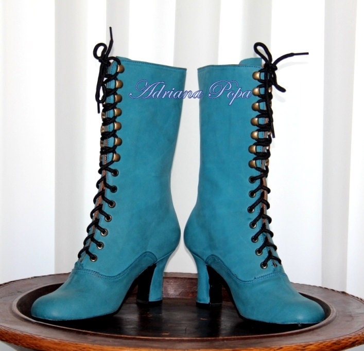 Turquoise Boots Leather Boots Victorian Boots Green Boots - Etsy