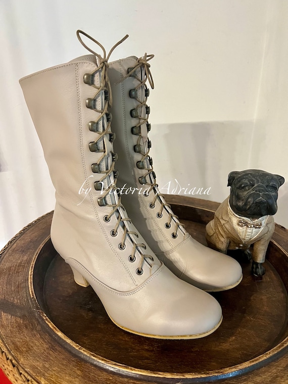 Raw leather Boots , Victorian Boots, Dark Ivory Leather Boots , Bridal Boots , Lace up boots , Wide feet , strong calf , Granny boots