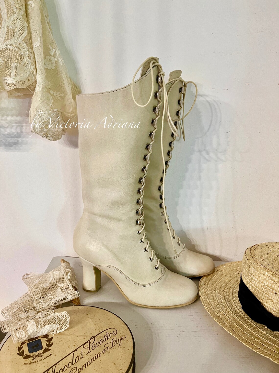 Off White Boots Knee High Boots White Leather Boots Victorian Etsy
