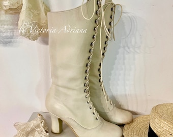 Botas blancas, botas hasta la rodilla, botas de cuero blancas, botas victorianas, zapatos de boda, botas de novia, botas de los años 1900, botas retro, zapatos de moda, geniales