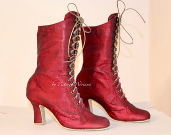 Red Boots Victorian Boots Burgundy Silk Boots Bridal Boots Regency Boots Custom made Boots 1900 shoes Red wine custom shoes Wedding shoes