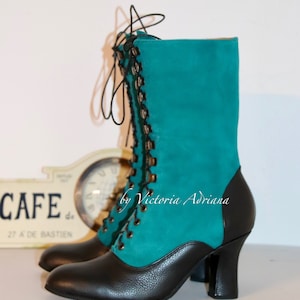 Victorian Boots , Leather Boots , Edwardian Boots , Two tones Boots , Black and Green Boots , Custom made boots 1900 boots Victorian wedding