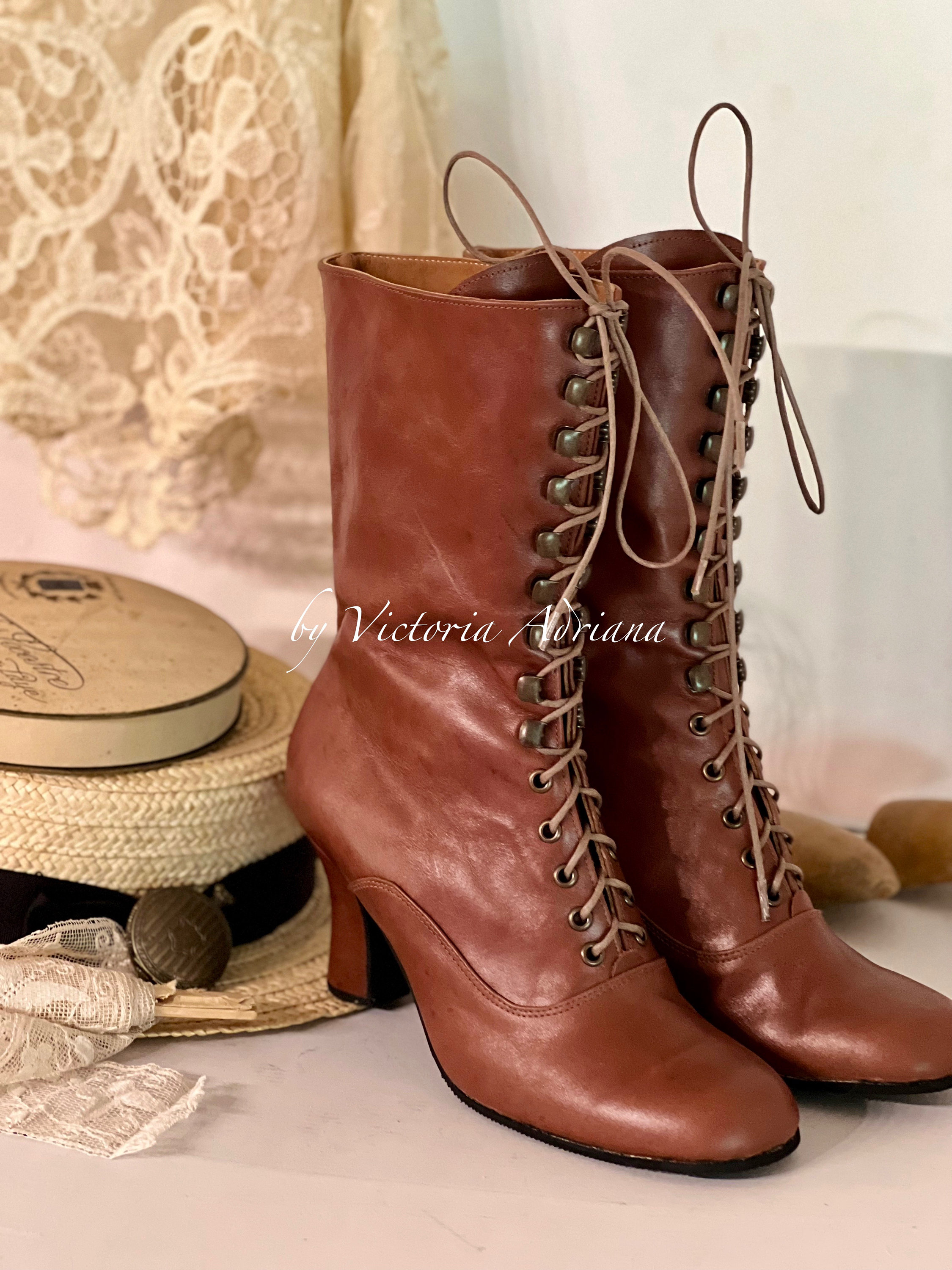 Women's Victorian Ankle Boots - Lace Up & Side Zipper - Round Toe Kitten Heel Vintage Booties For Halloween & Steampunk