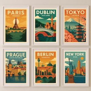 Affiches de voyage vintage - Paris, New York, Tokyo, Londres, Rome, Barcelone - 24 choix - Art mural moderne - Collection d'illustrations de villes