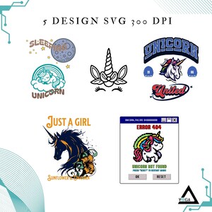 Licornes SVG, PNG Bundles 5 Designs 300 DPI, téléchargement zip pour tous vos projets créatifs