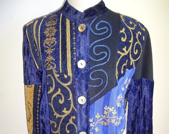 Womens Blue Gold Vintage 1990s Indigo Moon Velvet Jacket S Embroidery Felt Black