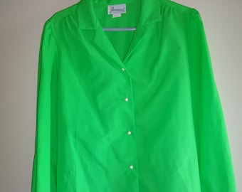 Vintage 1980s/1990s Green Joanna Top Blouse Shirt 14 L XL Long Sleeves USA