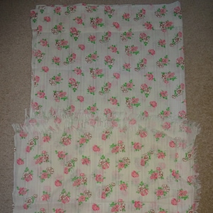 Homemade White Vintage Curtain Panel & 2 Dresser or Table Scarves Pink Flowers Greenery Fabric Material