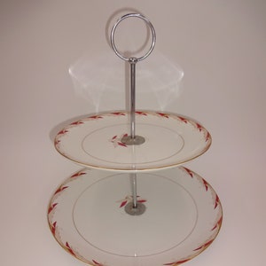 Vintage Citadel China Cavalier 2-Tier Serving Tray Plates White Pink Leaves 7447 Japan