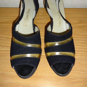 Vintage 1940s 1950s Womens Black Red Cross Shoes 9AA 9 AA Fits Like 8 8-1/2 Peep Toes Slingbacks Heels Pumps