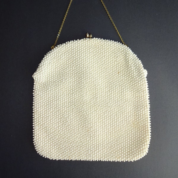 Vintage Purse White Corde Bead by Lumured Bag Chain Strap Metal Frame Clasp USA