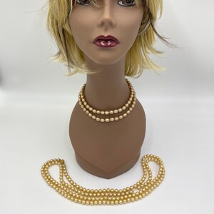 2 Vintage Faux Pearl Necklaces Single Strand 59&quot; & Double Strand Choker 15-1/2&quot; Japan