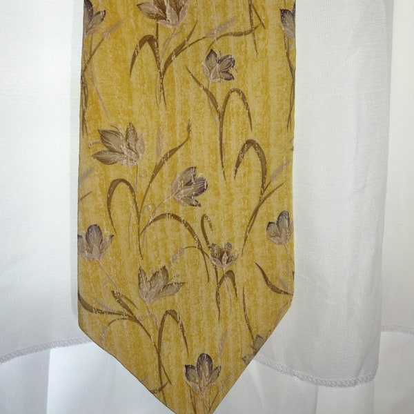 Vintage 1970s Mens Don Loper Silk Neck Tie Necktie Yellow Brown Flowers USA