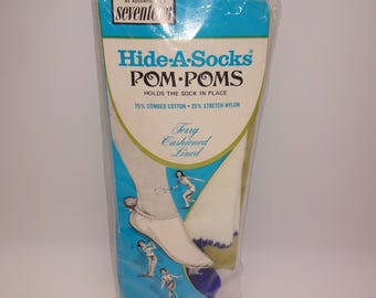 Calcetines blancos Hide A de la década de 1960 y 1970 con pompones azules, de nailon elástico de algodón de 8,5 a 11 pulgadas