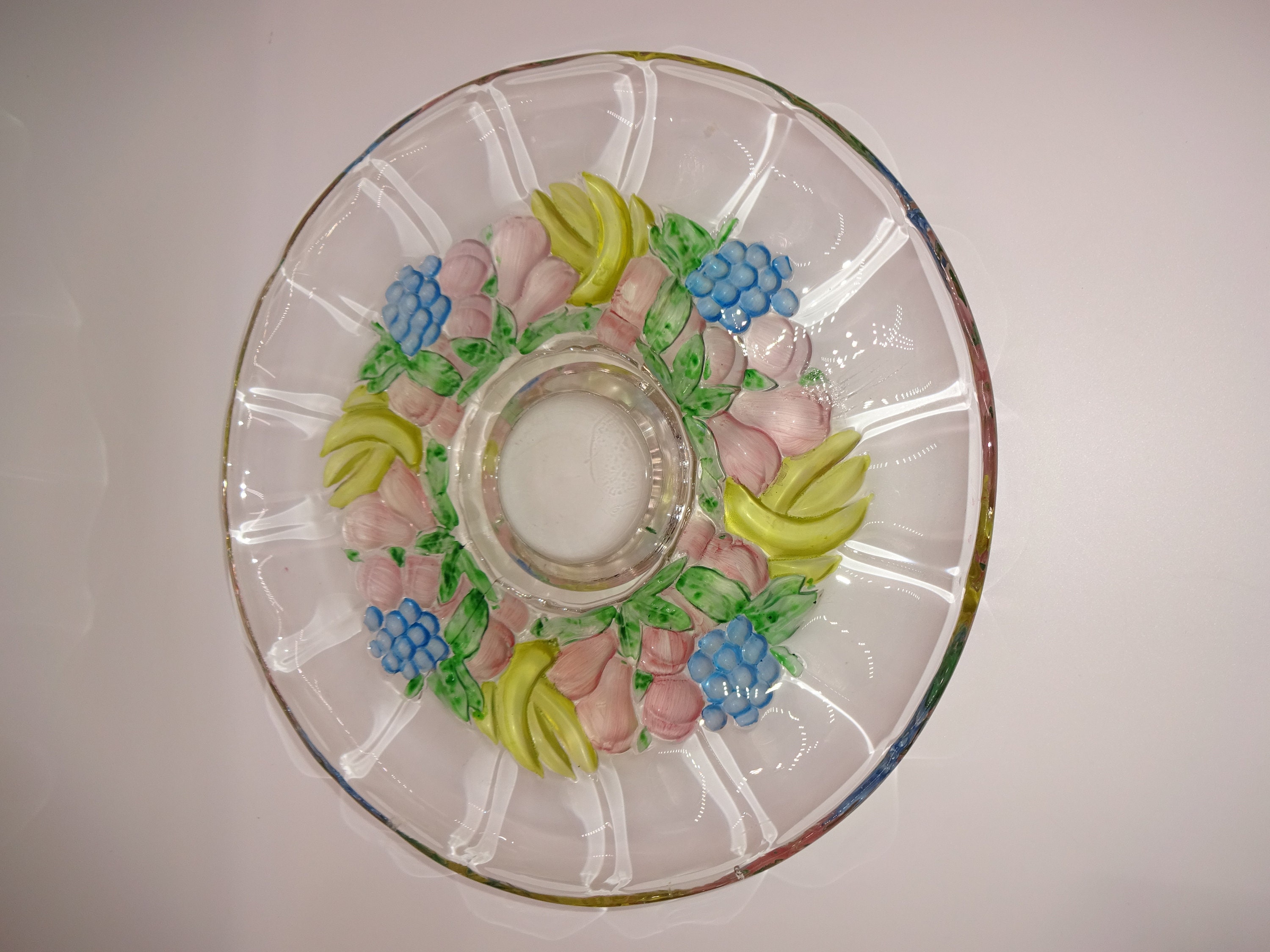 Vintage Indiana Glass Garland Flashed Blue Grapes Footed Cake Plate Fruit 13"