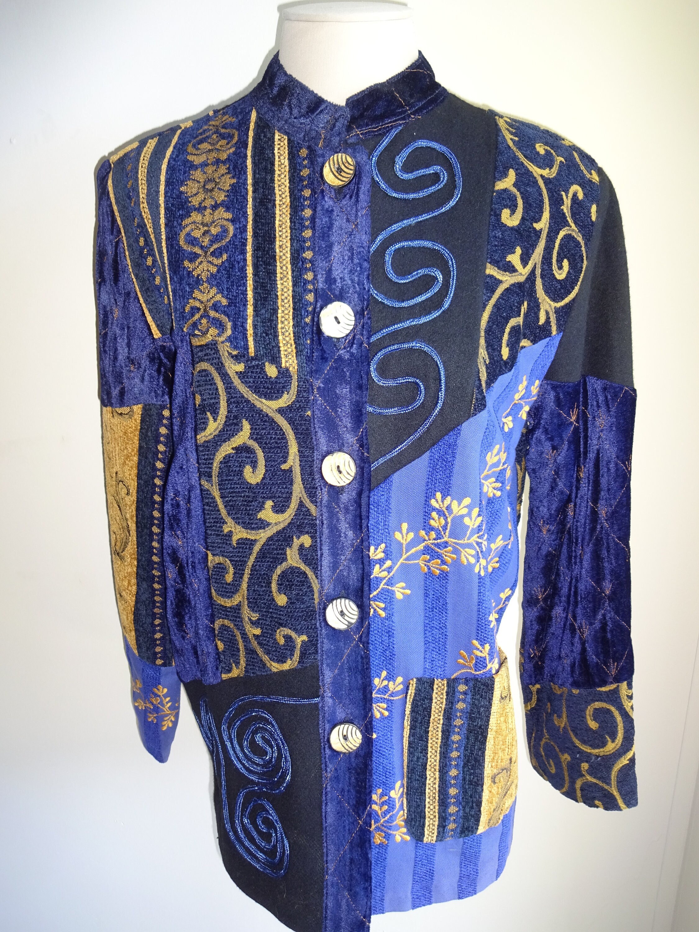 美品 VINTAGE Indigo Moon ゴブラン ノーカラージャケット L quaranciel:〈手洗い可能〉ノーカラー ポケット ニット