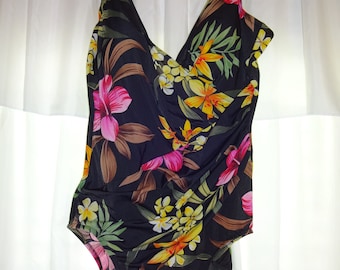 Vintage Womens Black Tropical Floral Miraclesuit One Piece Bathing Suit Swimsuit 10 12 Flowers