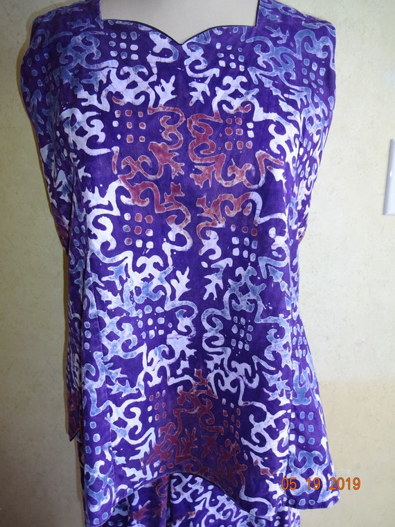 2 Piece Vintage Purple White Batik Pants Top 1980… - image 2