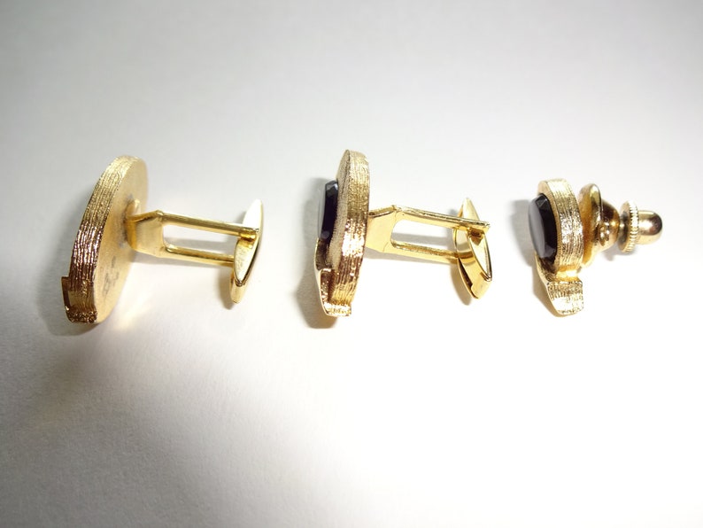 3 Pc Vintage Mens Cufflinks Cuff Links /& Tie Pin Gold Tone Brown Unmarked Set