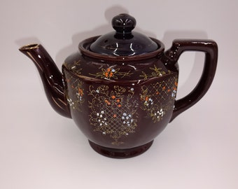 Vintage Dark Brown Teapot Tea Pot & Lid Gold Flowers Trim Enamel Accents Japan
