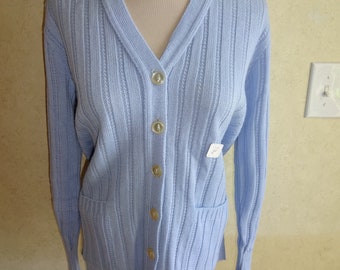 Vintage Womens Sweater Mademoiselle Knitwear M Blue Cable Knit Cardigan Long Sleeves NOS New