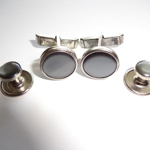 4 Piece Vintage Cufflinks & Tuxedo Tux Shirt Studs Set Grey Silver Tone Unmarked