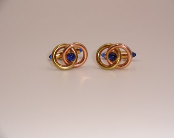 Vintage Krementz Cufflinks Cuff Links Gold & Copper Tone Rings Circles Blue Signed